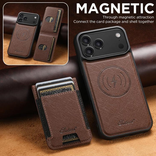 For iPhone 17 Pro Max Suteni H17 Cross Grain Leather MagSafe Detachable Wallet Phone Case(Brown) by Suteni