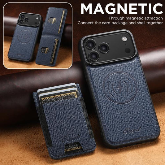For iPhone 17 Pro Suteni H17 Cross Grain Leather MagSafe Detachable Wallet Phone Case(Blue) by Suteni