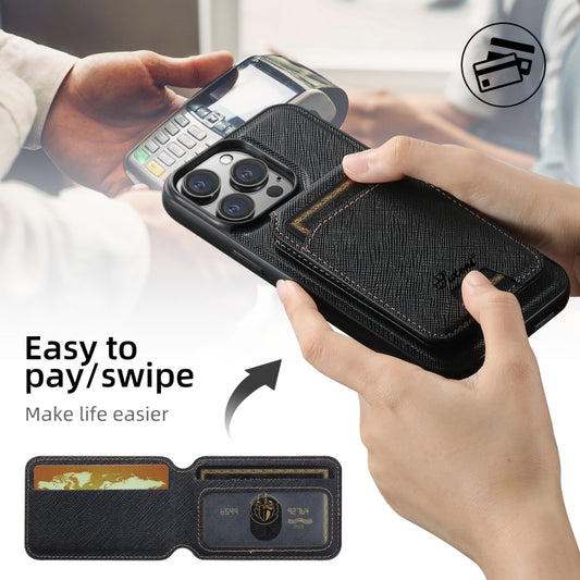 For iPhone 15 Plus Suteni H18 Cross Grain MagSafe Wallet Leather Phone Case(Black) by Suteni