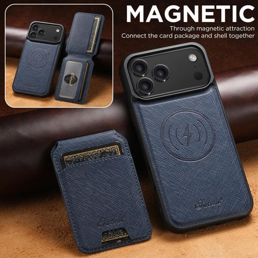 For iPhone 17 Pro Max Suteni H18 Cross Grain MagSafe Wallet Leather Phone Case(Blue) by Suteni