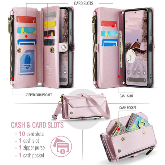 For Google Pixel 9a CaseMe C36 Card Slots Zipper Wallet RFID Anti-theft Leather Phone Case(Pink) by CaseMe