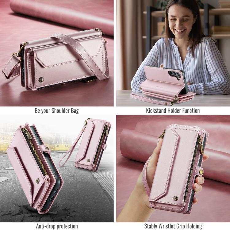 For Samsung Galaxy S25 5G CaseMe C36 Card Slots Zipper Wallet RFID Anti-theft Leather Phone Case(Pink) by CaseMe