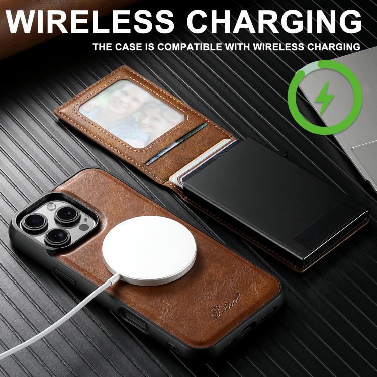 For iPhone 16e Suteni H19 Oil Wax 2-in-1 MagSafe Removable Card Box Back Phone Case(Brown) by Suteni
