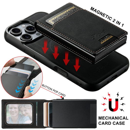 For iPhone 15 Suteni H19 Litchi Grain 2-in-1 MagSafe Removable Card Box Back Phone Case(Black) by Suteni