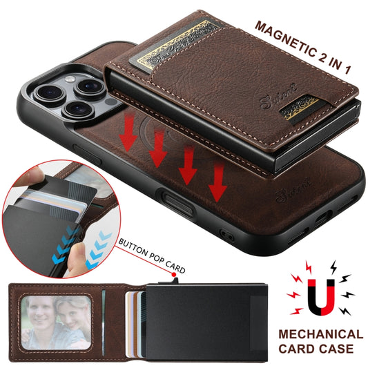 For iPhone 14 Pro Max Suteni H19 Litchi Grain 2-in-1 MagSafe Removable Card Box Back Phone Case(Brown) by Suteni