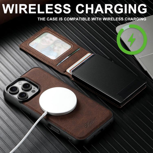 For iPhone 17 Pro Suteni H19 Litchi Grain 2-in-1 MagSafe Removable Card Box Back Phone Case(Brown) by Suteni