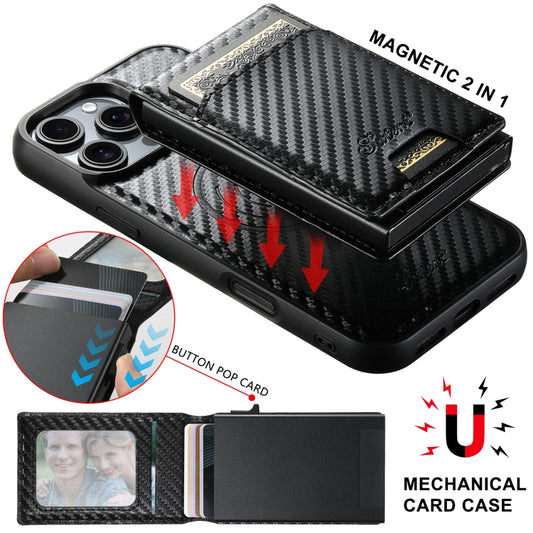 For iPhone 14 Suteni H19 Carbon Fiber Grain 2-in-1 MagSafe Removable Card Box Back Phone Case(Black) by Suteni