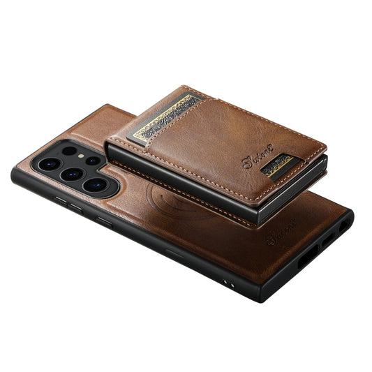 For Samsung Galaxy S22 5G Suteni H19 Oil Wax 2-in-1 MagSafe Removable Card Box Back Phone Case(Brown) by Suteni