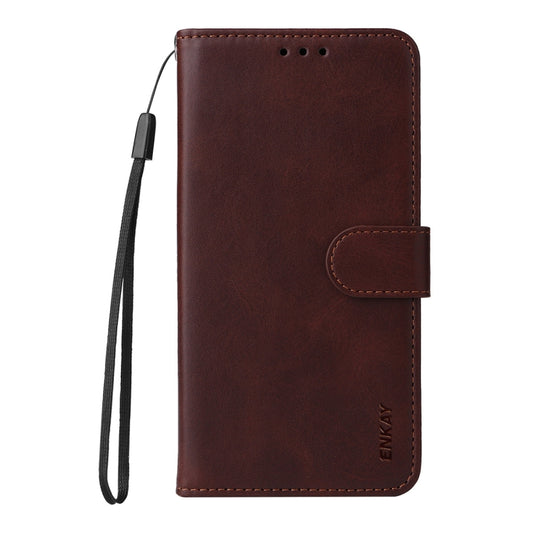 For iPhone 16e ENKAY Card Wallet Calf Texture Leather Phone Case with Screen Film(Brown) by ENKAY