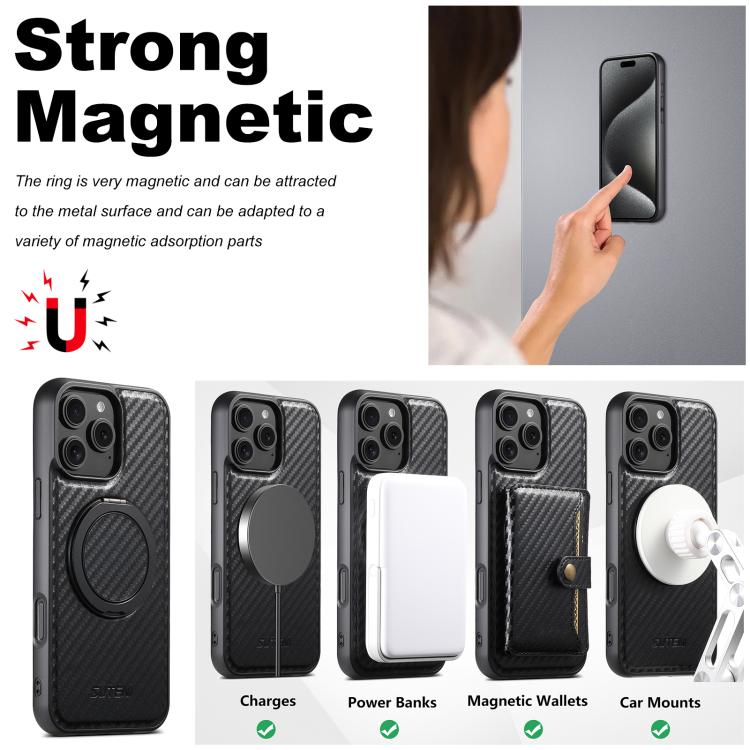 For iPhone 16 Suteni G3 Carbon Fiber Leather 360 Rotation Holder MagSafe Phone Case(Black) by Suteni