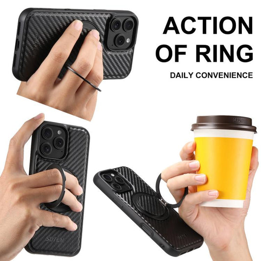 For iPhone Air Suteni G3 Carbon Fiber Leather 360 Rotation Holder MagSafe Phone Case(Black) by Suteni