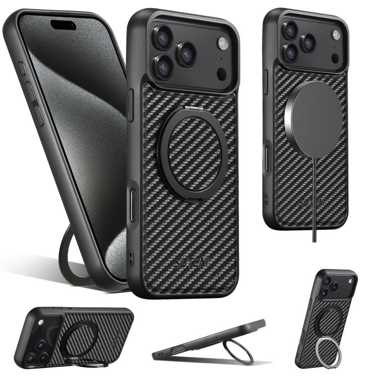 For iPhone 17 Pro Suteni G3 Carbon Fiber Leather 360 Rotation Holder MagSafe Phone Case(Black) by Suteni