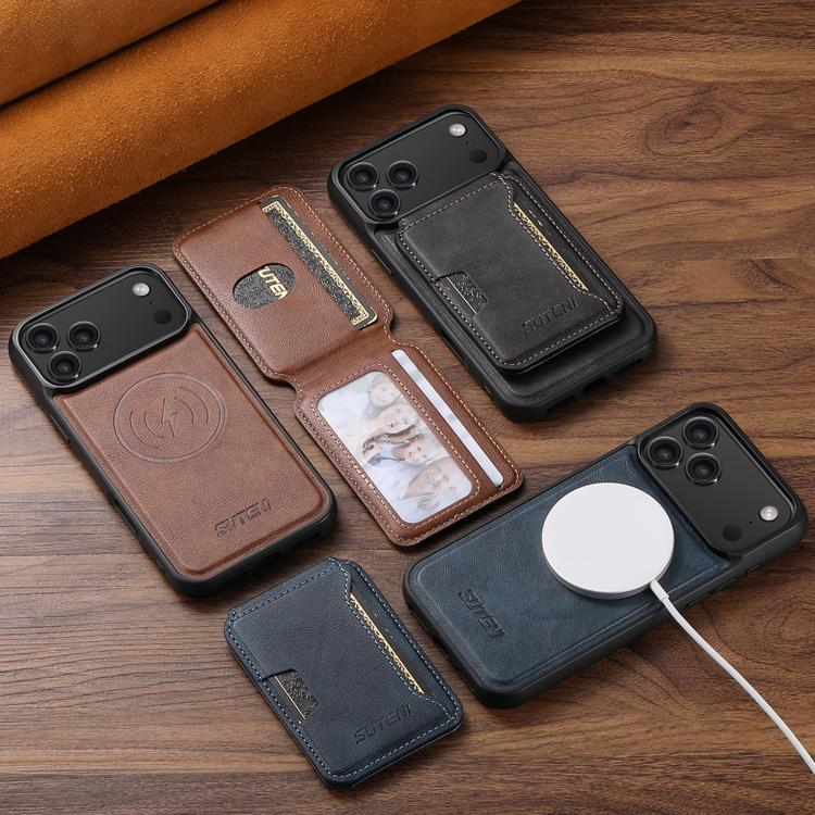 For iPhone 17 Suteni M3 Card Bag MagSafe Cowhide Texture Leather Phone Case(Brown) by Suteni