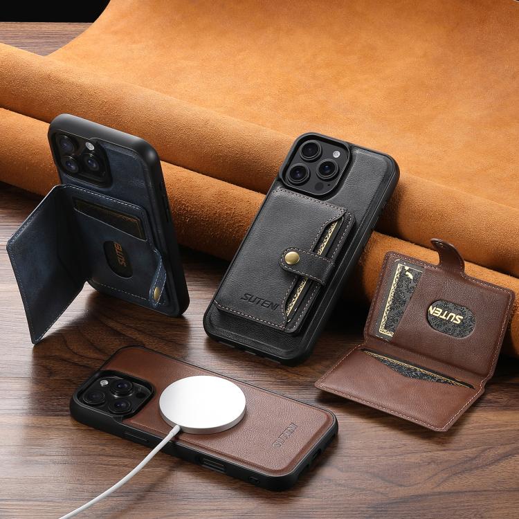 For iPhone 16 Suteni M4 Magnetic Card Bag MagSafe Leather Phone Case(Brown) by Suteni