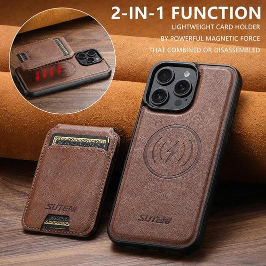 For iPhone 16 Plus Suteni M5 Magnetic Card Bag MagSafe Leather Phone Case(Brown) by Suteni