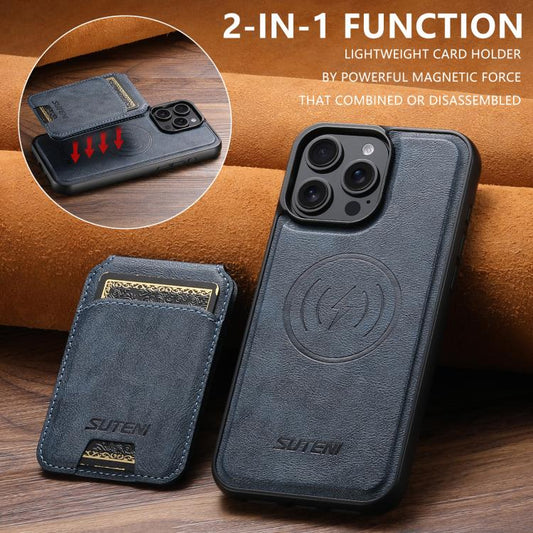 For iPhone 16 Suteni M5 Magnetic Card Bag MagSafe Leather Phone Case(Blue) by Suteni