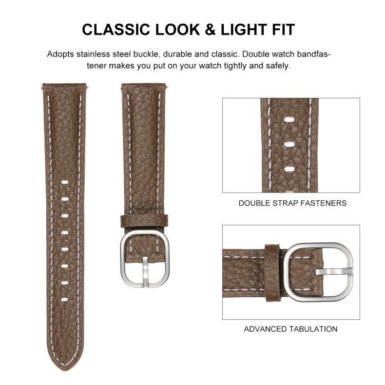 20mm Litchi Texture Square Buckle Genuine Leather Watch Band(Dark Brown) by bashfashion