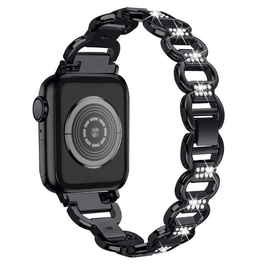 For Apple Watch 46mm / 49mm / 45mm / 44mm Oval Diamonds Steel Watch Band(Black) by bashfashion