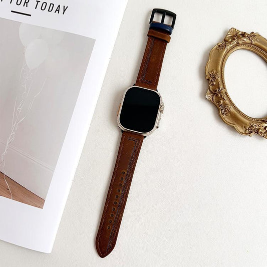 For Apple Watch 46mm / 49mm / 45mm / 44mm 7-Line Tri-Star Buckle Pull Up Leather Watch Band(Crazy Horse Dark Brown Blue Thread) by bashfashion