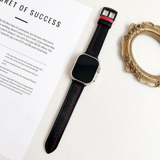 For Apple Watch 42mm / 41mm / 40mm / 38mm 7-Line Tri-Star Buckle Pull Up Leather Watch Band(Black Red Thread) by bashfashion