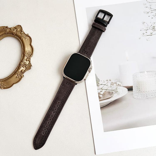 For Apple Watch 42mm / 41mm / 40mm / 38mm 7-Line Tri-Star Buckle Pull Up Leather Watch Band(Gray Black Thread) by bashfashion