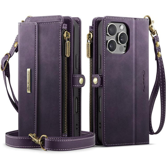 For iPhone 16 Pro Max CaseMe C39 RFID Blocking Zipper Wallet Leather Phone Case with Crossbody Strap(Purple) by CaseMe