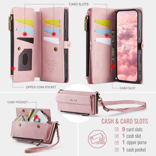 For iPhone Air CaseMe C39 RFID Blocking Zipper Wallet Leather Phone Case with Crossbody Strap(Pink) by CaseMe