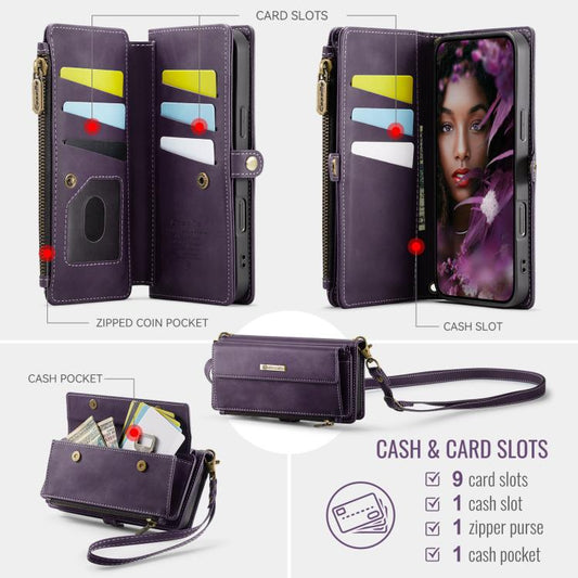 For iPhone 17 Pro CaseMe C39 RFID Blocking Zipper Wallet Leather Phone Case with Crossbody Strap(Purple) by CaseMe
