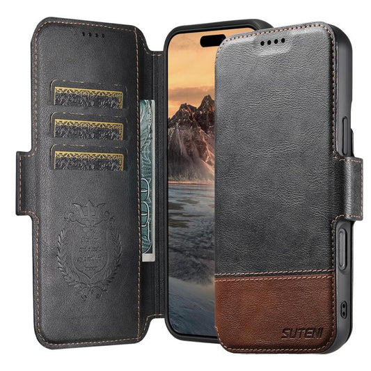 For iPhone 16 Suteni Q06 2-in-1 Multi-function Detachable Wallet MagSafe Phone Case(Black) by Suteni