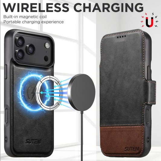 For iPhone 17 Pro Suteni Q06 2-in-1 Multi-function Detachable Wallet MagSafe Phone Case(Black) by Suteni