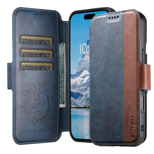 For iPhone 16 Suteni Q07 2-in-1 Multi-function Detachable Wallet MagSafe Phone Case(Blue) by Suteni