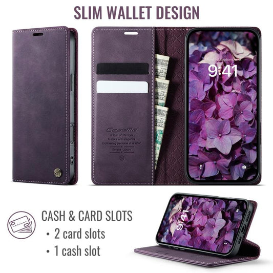 For iPhone 16 Pro CaseMe 033 Calf Leather Lining Microfibre RFID Blocking Phone Case(Purple) by CaseMe