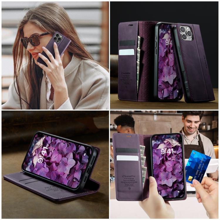 For iPhone 16 Pro Max CaseMe 033 Calf Leather Lining Microfibre RFID Blocking Phone Case(Purple) by CaseMe