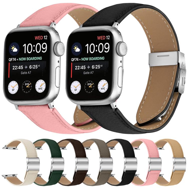 For Apple Watch 46mm / 49mm / 45mm / 44mm Lychee Texture Silver Turtle Back Buckle Leather Watch Band(Pink) by bashfashion