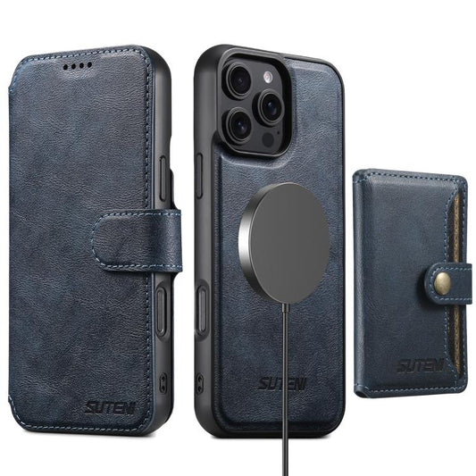 For iPhone 16 Plus Suteni Q05S1 3-in-1 Detachable Wallet MagSafe Leather Phone Case(Blue) by Suteni