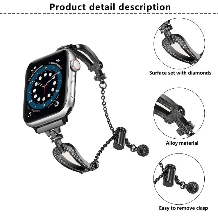 For Apple Watch 46mm / 49mm / 45mm / 44mm U-Shaped Diamond Bracelet Zinc Alloy Watch Band(Black) by bashfashion