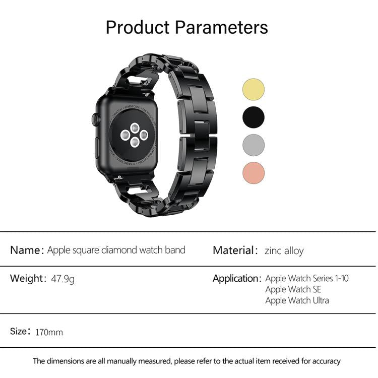 For Apple Watch 46mm / 49mm / 45mm / 44mm Square Diamond Zinc Alloy Watch Band(Black) by bashfashion