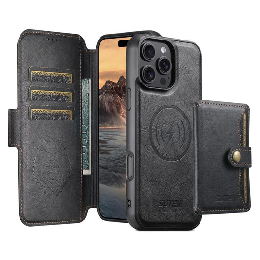 For iPhone 16 Pro Max Suteni Q07S1 3-in-1 Detachable Wallet MagSafe Splicing Leather Phone Case(Black) by Suteni