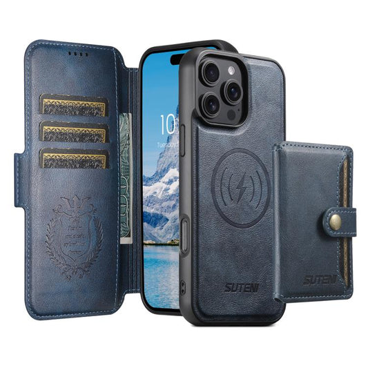 For iPhone 16 Pro Suteni Q07S1 3-in-1 Detachable Wallet MagSafe Splicing Leather Phone Case(Blue) by Suteni