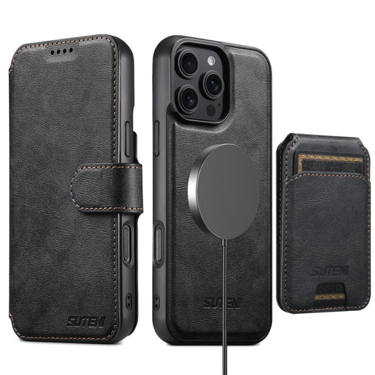 For iPhone 16 Suteni Q05S2 3-in-1 Detachable Vertical Flip Wallet MagSafe Leather Phone Case(Black) by Suteni