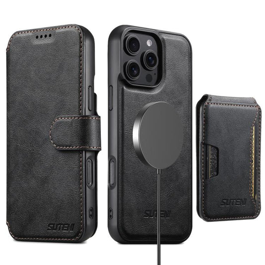 For iPhone 16 Plus Suteni Q05S3 3-in-1 Detachable Vertical Flip Wallet MagSafe Leather Phone Case(Black) by Suteni