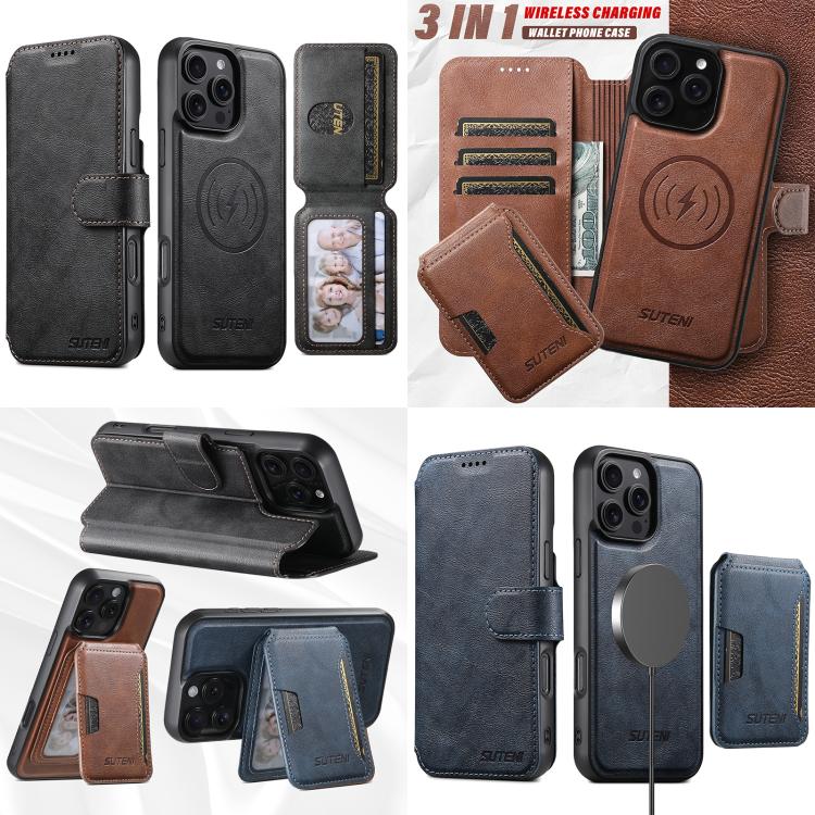 For iPhone 16 Plus Suteni Q05S3 3-in-1 Detachable Vertical Flip Wallet MagSafe Leather Phone Case(Black) by Suteni
