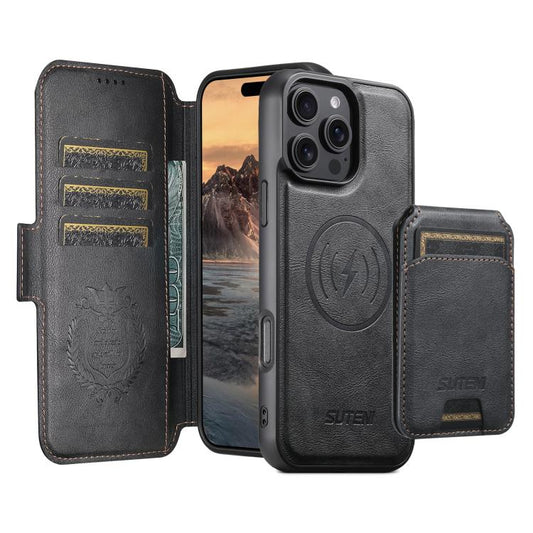 For iPhone 16 Pro Suteni Q06S2 3-in-1 Detachable Vertical Flip Wallet MagSafe Splicing Leather Phone Case(Black) by Suteni