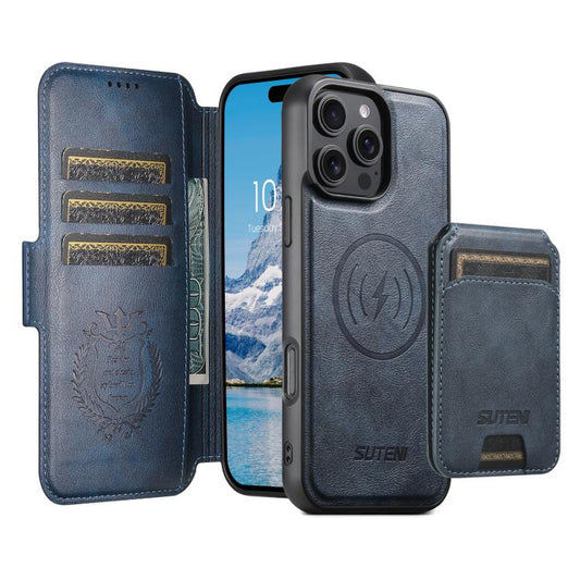 For iPhone 16 Plus Suteni Q06S2 3-in-1 Detachable Vertical Flip Wallet MagSafe Splicing Leather Phone Case(Blue) by Suteni