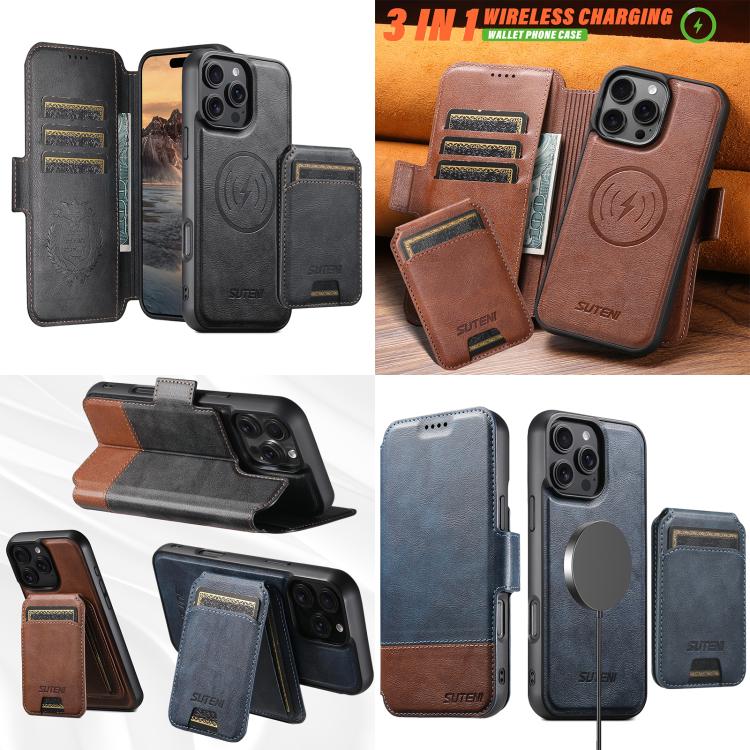 For iPhone 16 Suteni Q06S2 3-in-1 Detachable Vertical Flip Wallet MagSafe Splicing Leather Phone Case(Brown) by Suteni