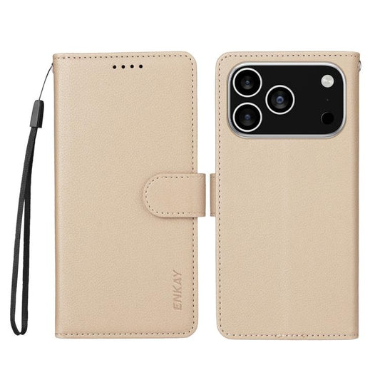For iPhone 17 Pro Max ENKAY RFID Blocking Wallet Kickstand Litchi Texture Leather Phone Case(Beige) by ENKAY