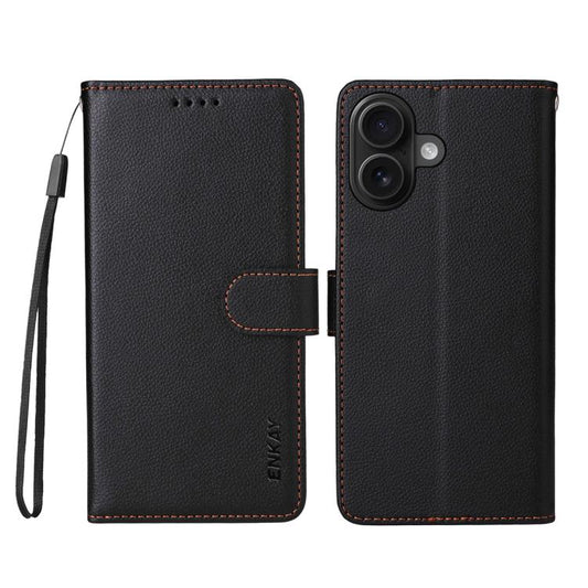 For iPhone 17 ENKAY RFID Blocking Wallet Kickstand Litchi Texture Leather Phone Case(Black) by ENKAY