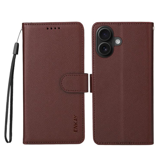 For iPhone 17 ENKAY RFID Blocking Wallet Kickstand Litchi Texture Leather Phone Case(Brown) by ENKAY