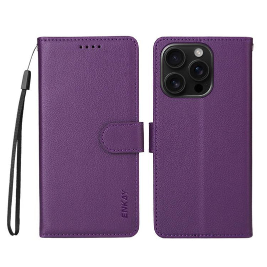 For iPhone 16 Pro ENKAY RFID Blocking Wallet Kickstand Litchi Texture Leather Phone Case(Purple) by ENKAY