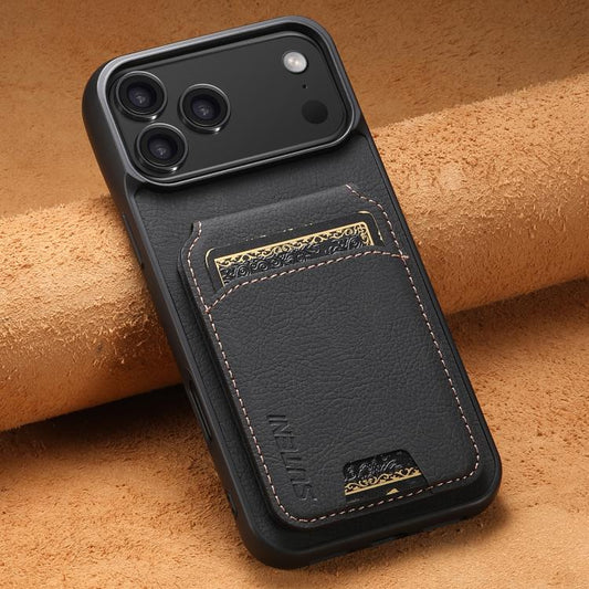 For iPhone 17 Pro Suteni H02 Litchi Leather Card Wallet Stand Back Phone Case(Black) by Suteni